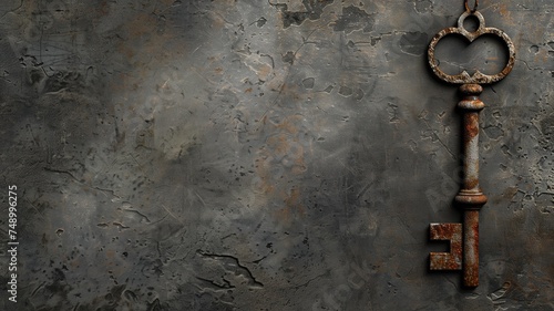 Rustic key on a rough, industrial metal background