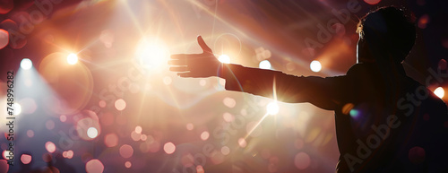 A talented male singer silhouette on the stage, bright lights as background with copy space photo