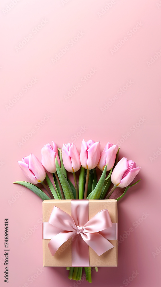 Pink layout with gift box with pink tulips. Mother's Day or valentine romantic concept. Vertical image