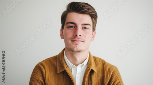 A young man with neat hair in white shirt and mustard cardigan, against plain white background.