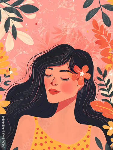 Modern minimalist illustration of woman surrounded by flowers over pink background. Spring season  Women s day concept