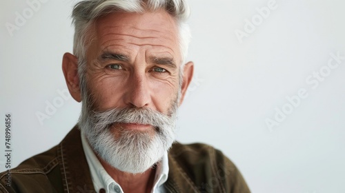 Mature man with white beard, serious expression, saltandpepper hair, wearing casual attire.