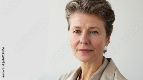 Woman with short grey hair, smiling, wearing light blouse, white background. Calm and confident.