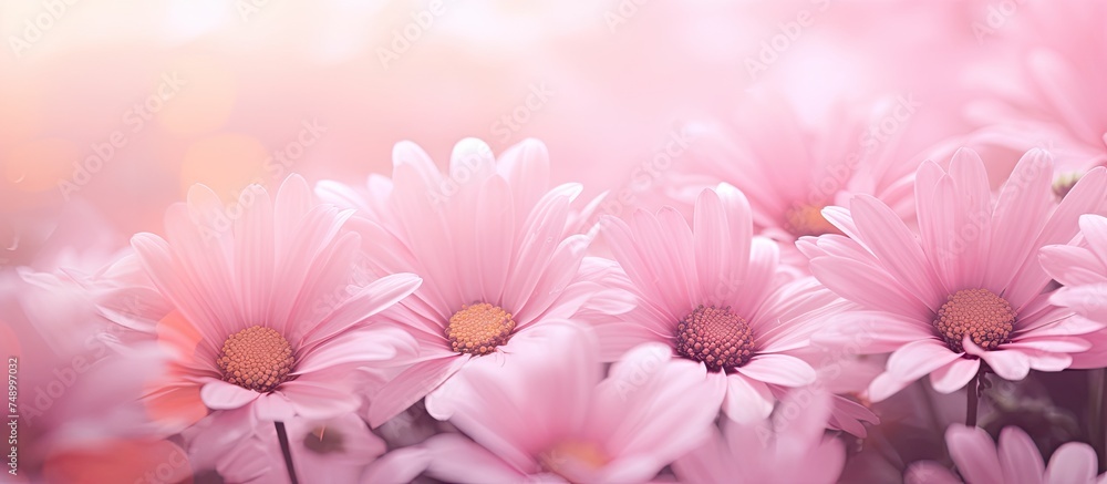 Fototapeta premium A close-up view of a bunch of pink flowers blooming among the green grass in soft focus. The delicate petals contrast beautifully with the lush greenery.