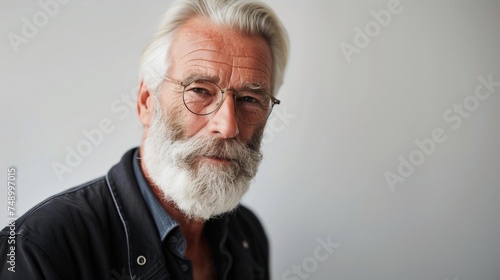 An older man with a white beard, mustache, and round glasses looks calm and contemplative.