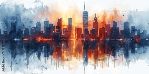 Hand Drawn Watercolor Illustration of Detroit Skyline with Famous Buildings Generative AI photo