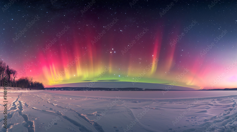 A stunning display of the aurora borealis over a snow-covered landscape.