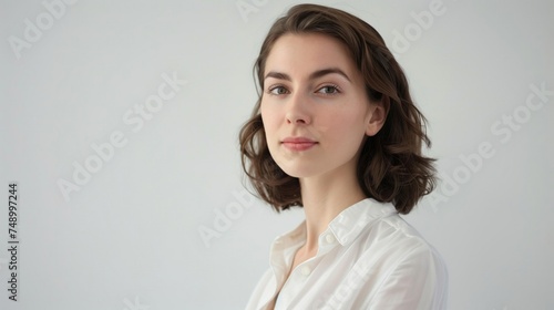 Portrait of young woman with brown hair, white shirt, soft makeup, looking at camera. Background is plain and light.