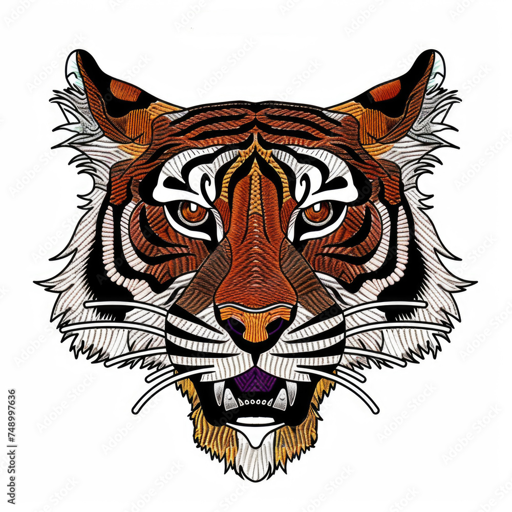 A drawing of a tiger's face on a white background Embroidery on white background A drawing of a tiger's face on a white background Embroidery on white background