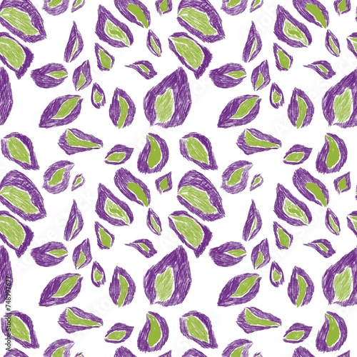 Seamless abstract botanical pattern. Simple background with purple, green, white texture. Digital brush strokes. Leaves. Design for textile fabrics, wrapping paper, background, wallpaper, cover.
