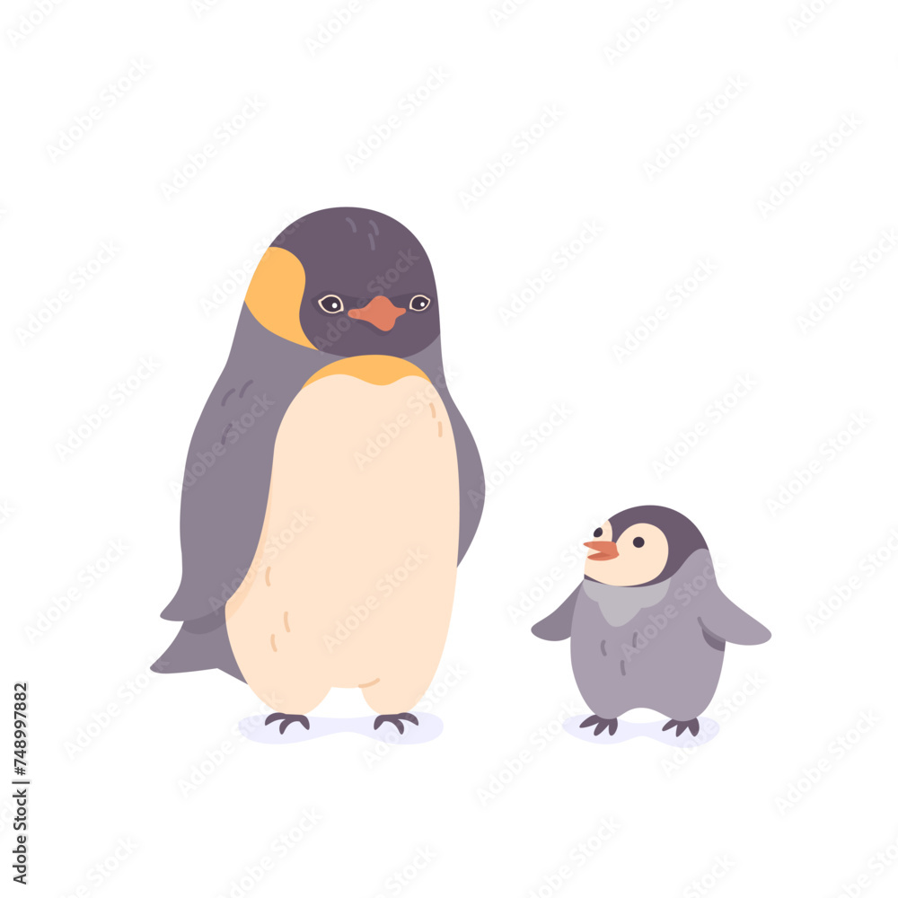 Fototapeta premium Penguin with baby in north pole vector illustration isolated on white. Cartoon cute nature winter polar animals. Global climate warming problem