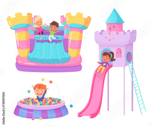 Kids playground vector illustration set. Children game center in mall. Indoor or outdoor kids play zone. Trampoline bouncy castle, plastic slide, balls pool. Active leisure fun happy childhood concept