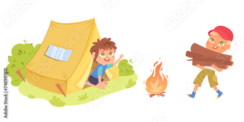 Children summer adventures in forest. Cartoon vector illustration isolated on white background. Cute camping kids live in tent and making bonfire