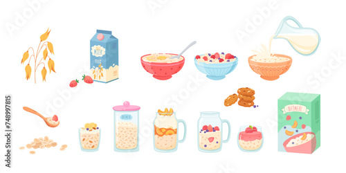 Oat products vector illustration set. Healthy breakfast. Carbohydrate icons. Natural products concept. Colorful oat food. Grain, cereal, muesli, oatmeal, milk, porridge with fruits