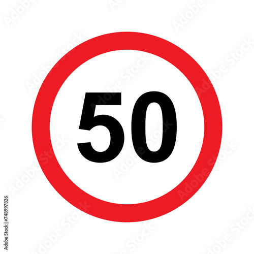 Speed limit sign vector illustration. 50 km icon. Abstract street traffic pictogram. Isolated road signal of circle shape, signboard with black number of maximum speed of cars on highway