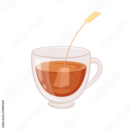 Tea cup vector illustration. Teabag is brewed in cup. Cartoon hot drink in teacup. Cafe or restaurant icon. Breakfast time. English traditional drink