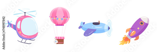 Cartoon air transport vector illustration set. Cute child colorful simple vehicles isolated on white background. Fly baby toys. Funny adventure, flight, trip, vacation, holidays