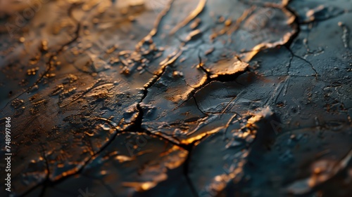 Abstract art of golden cracks spreading through a dark textured surface