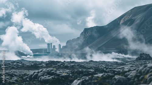 A geothermal energy plant harnesses renewable energy amidst steamy volcanic terrain photo