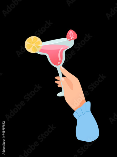 Woman hand with glass of pink margarita or daiquiri vector illustration isolated on black background. Female holds goblet with alcohol cocktail with fruits