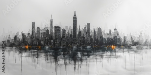 Urban Skyline: A Black and White Sketch with Loose Strokes and Splotches Generative AI