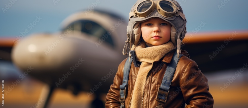 A young boy, blonde and serious, is wearing a pilots helmet and goggles. He looks determined and focused, dreaming of becoming a pilot. In the background is an airport landing runway.