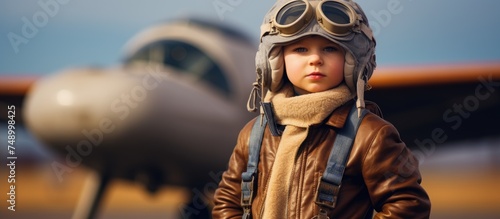 A young boy, blonde and serious, is wearing a pilots helmet and goggles. He looks determined and focused, dreaming of becoming a pilot. In the background is an airport landing runway. © Emin