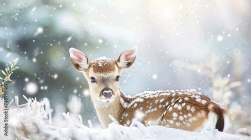 White-tailed cute baby deer in winter snowy forest, copy space for text, Horizontal Christmas season cards background. © JW Studio