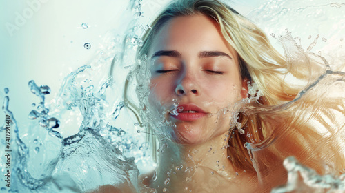 Serene woman with splashing water, a tranquil woman face partially submerged in clear water, with droplets and ripples surrounding her