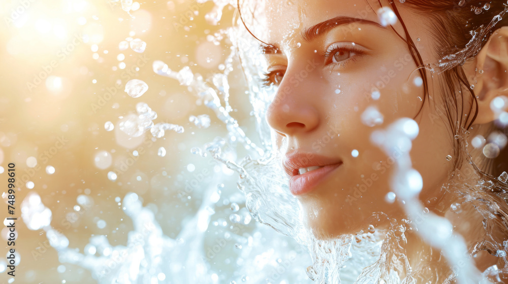 Side profile of a woman bathed in sunlight, with glistening water droplets cascading around her Side profile of a woman bathed in sunlight, with glistening water droplets cascading around her
