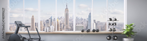 Cityscape view from a modern home gym with exercise bike, weights, and plant photo