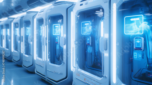 Futuristic sci-fi cryogenic stasis chambers in a spaceship or laboratory with a blue and white color scheme. photo
