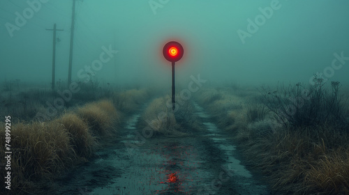 Strada con segnale di stop in mezzo. Nebbia. photo