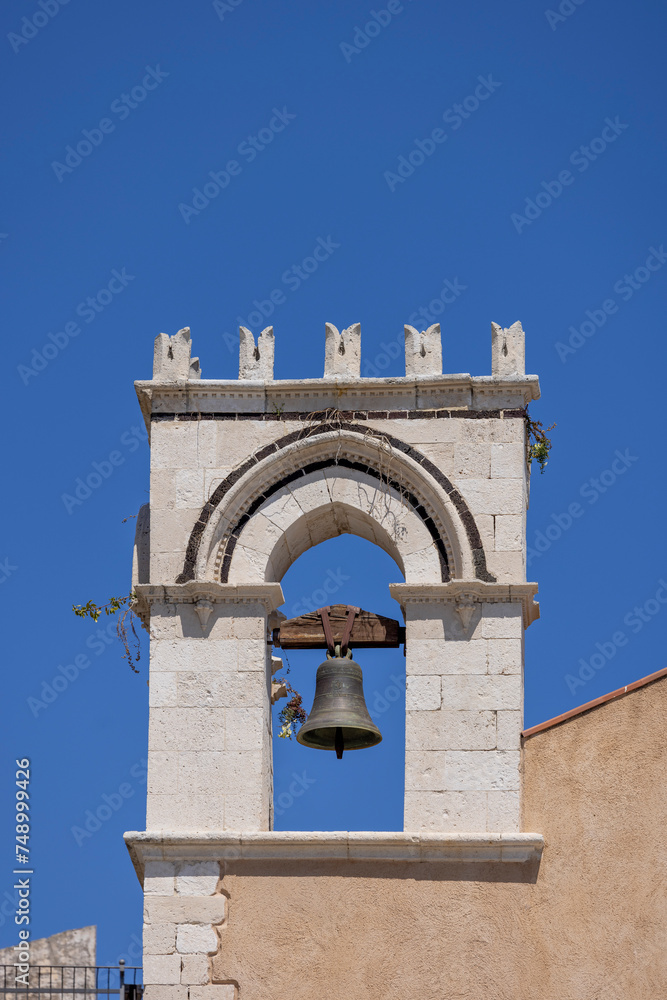 Bell tower of 15th century Church of Saint Augustine on Piazza IX Aprile, main square in the city, Taormina, Sicily, Italy.