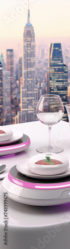 Futuristic fine dining table with a city view, pink accents and garnished plates
