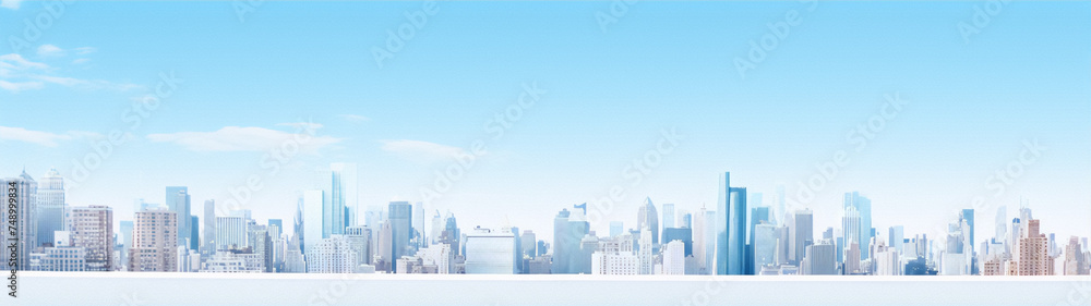 Blue and white cityscape with a clear sky