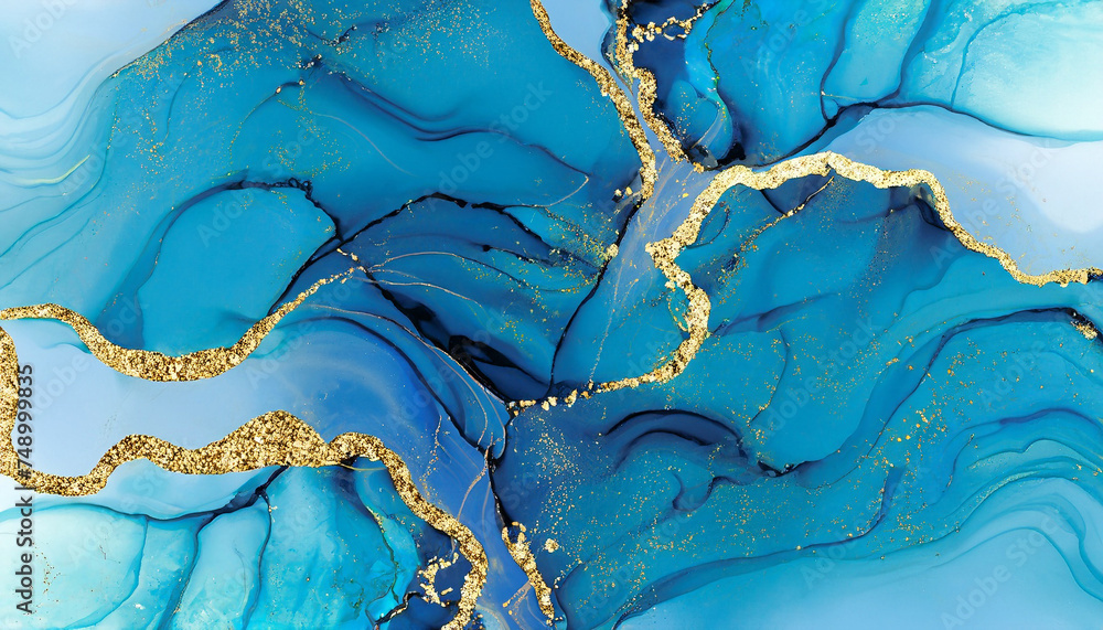 Blue gold marble background. abstract alcohol ink.