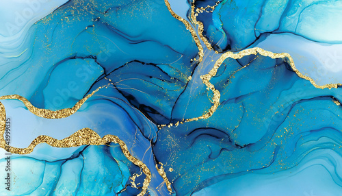 Blue gold marble background. abstract alcohol ink.