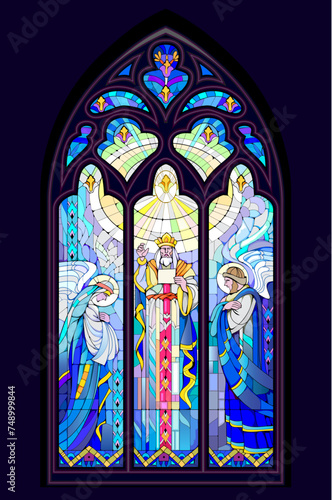 Beautiful colorful medieval stained glass window with holy Apostles and angels. Gothic architectural style. Decoration of Christian church. Middle ages architecture in Western Europe. Vector drawing.