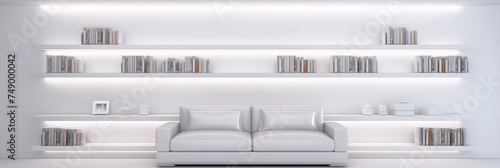3D rendering of a modern living room interior with white walls and furniture, decorated with books and plants