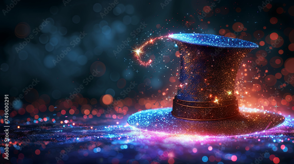 A bright bokeh background enhances the enchanting ambiance of a wizard's hat, conveying the essence of magic, sorcery, and fantasy - obrazy, fototapety, plakaty 