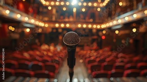 Spotlit microphone on stage with blurred audience setting the scene for performance. Concept Spotlit Microphone, Stage Performance, Audience Setting, Theatrical Ambiance