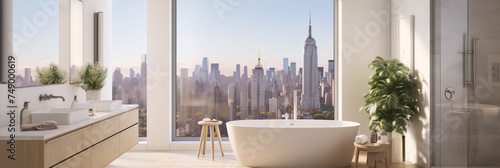 Bathroom interior with a view of the city. 3d rendering.