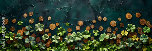 A pile of clovers with a bunch of coins sitting,
Happy shabbos with hebrew words hanging from leaves in the style of kinuko 





 photo