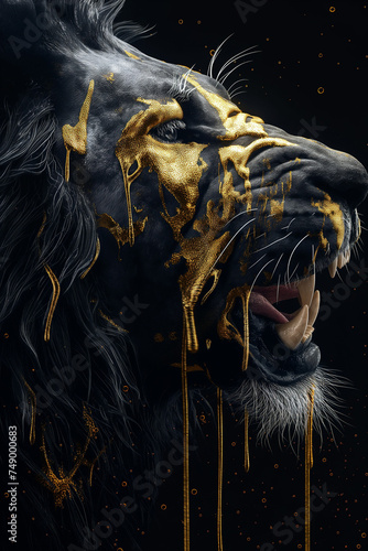 Regal Darkness: Majestic Black Lion with Golden Highlights Immersed in Shadowy Elegance