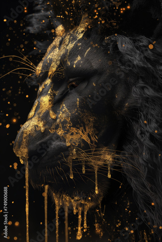 Regal Darkness: Majestic Black Lion with Gold Highlights Immersed in Shadowy Elegance