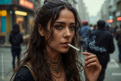 A Woman Smoking a Cigarette on a City Street with People Walking by on the Sidewalk in the Background