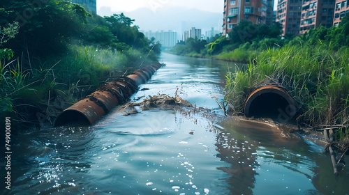 Environmental damage concept, Industrial and factory wastewater discharge pipe into the canal and sea, dirty water pollution, Sewage pipe outfall into the river, the river is polluted photo