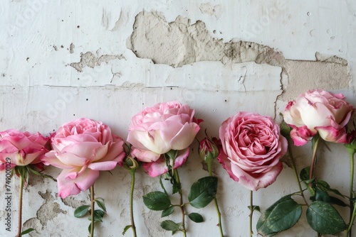 fresh pink roses in a row against a white background