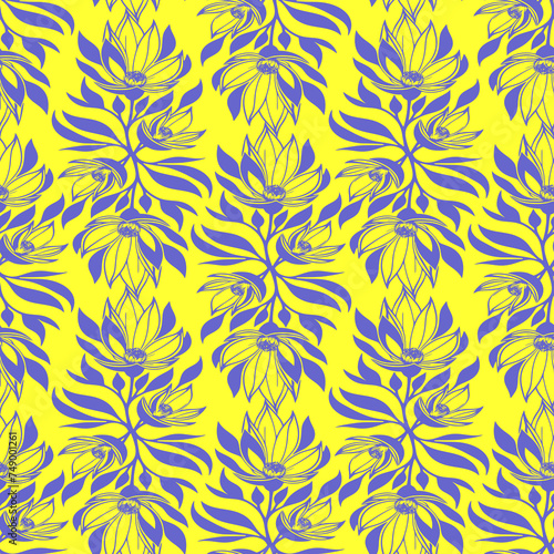 seamless blue graphic floral pattern on yellow background, texture